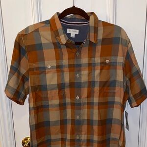 Sun + Stone Men's Casual Plaid Shirt in Brown and Blue Green
